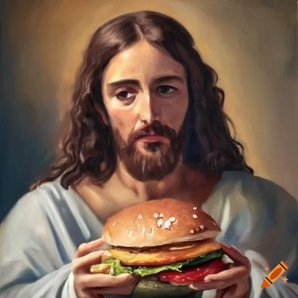 oil painting of Jesus holding a burger