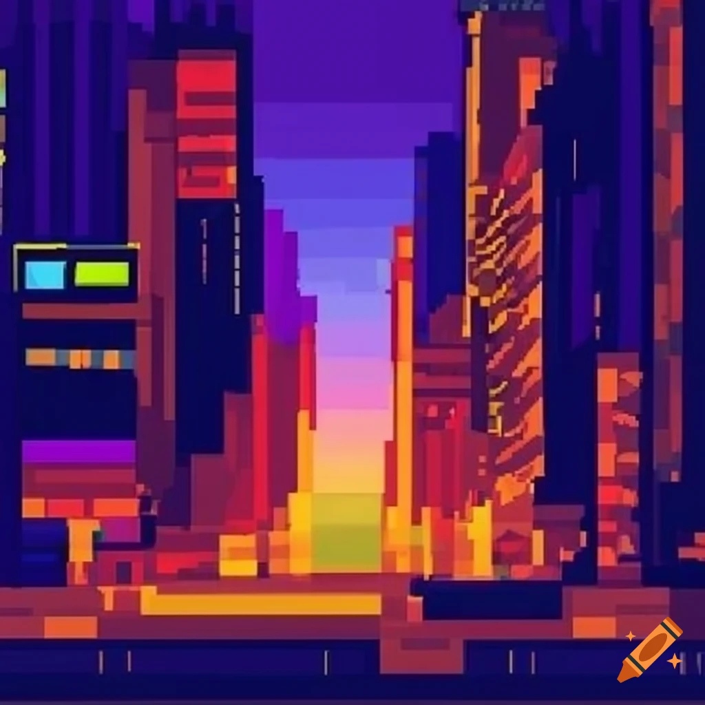 Pixelated cityscape with a mysterious vibe
