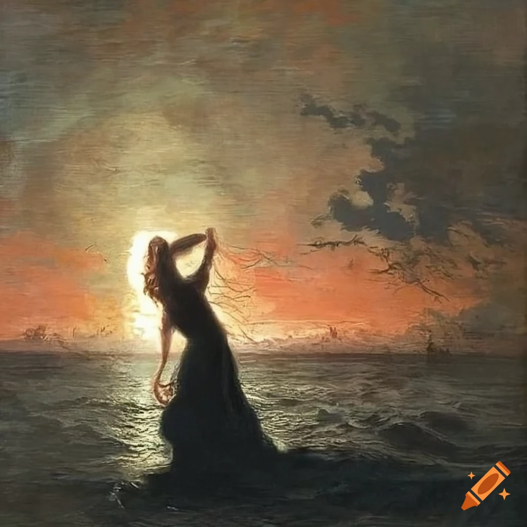 Painting of a girl dancing by the sea at sunset on Craiyon