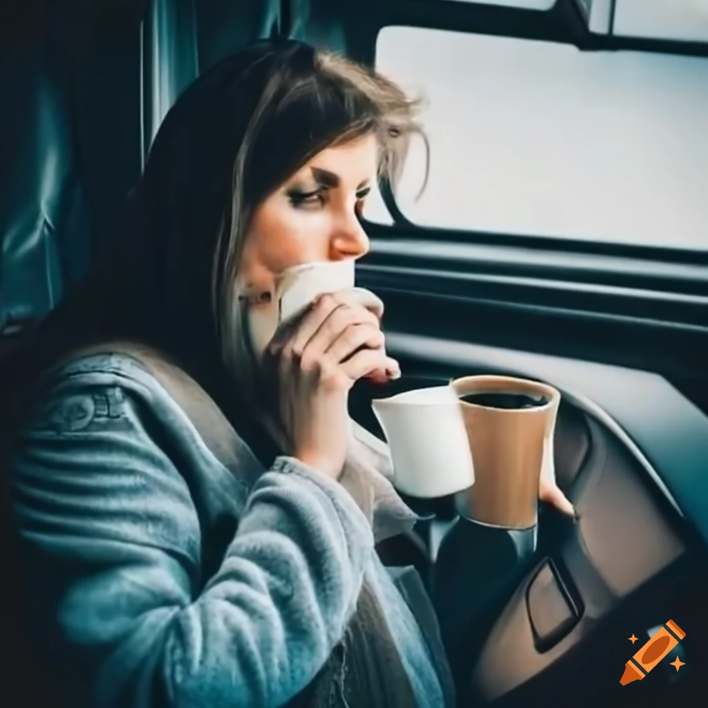 trucker drinking coffee while driving
