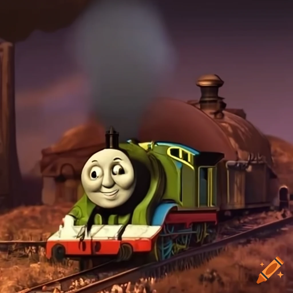 Illustration of thomas the tank engine on train tracks on craiyon