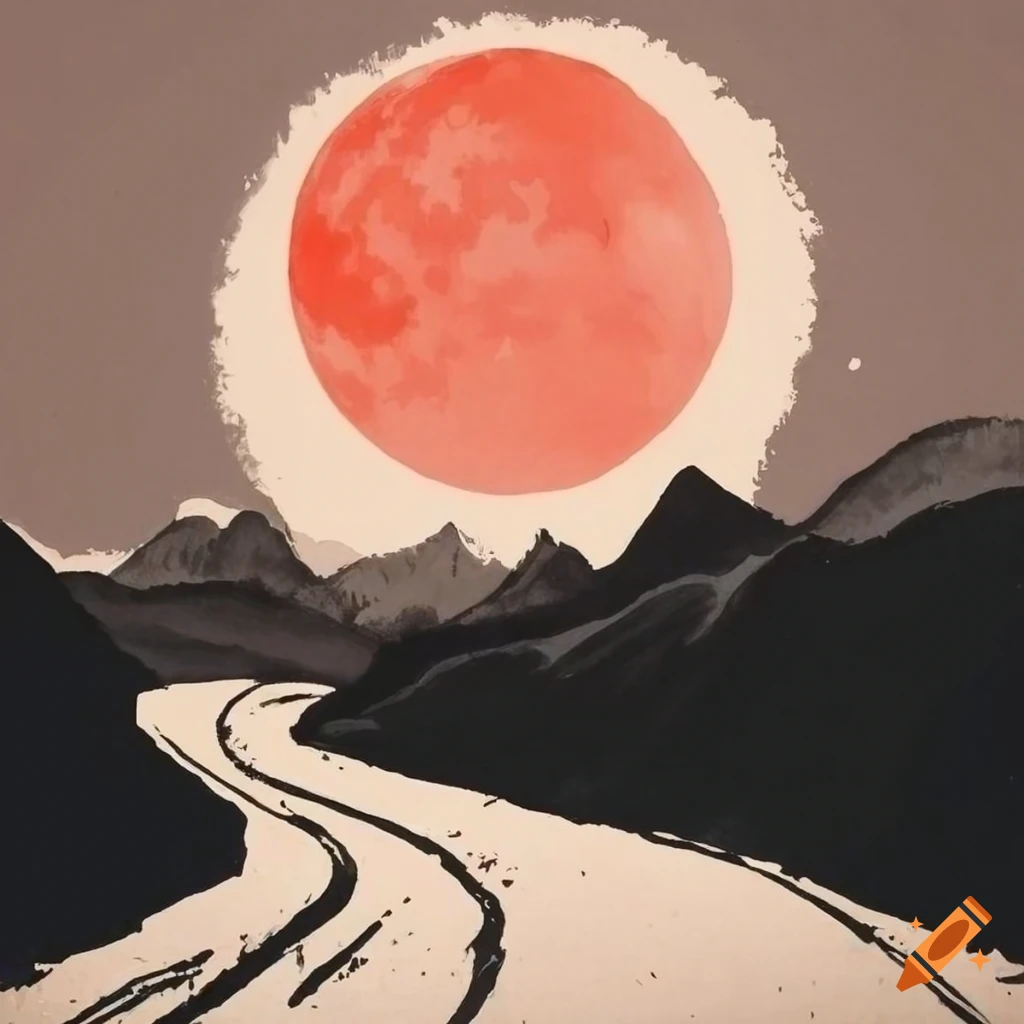 ink painting of a mountain road under red moon