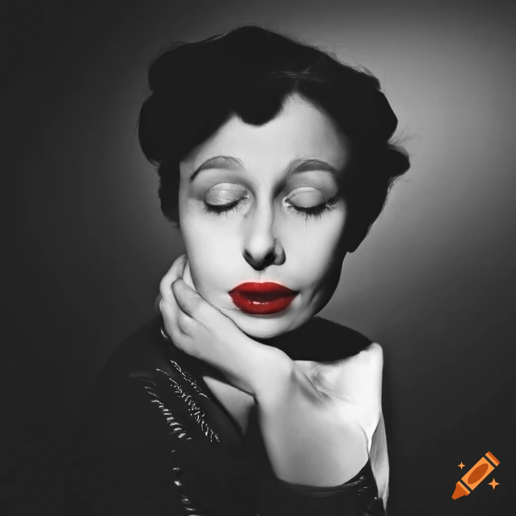 monochrome portrait of Luise Rainer with red lips