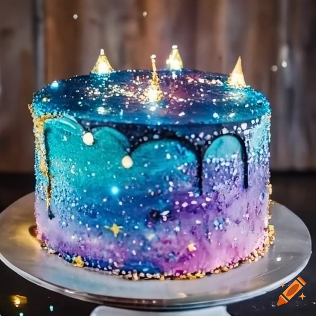 Galaxy-themed cake with sparkling decorations on Craiyon