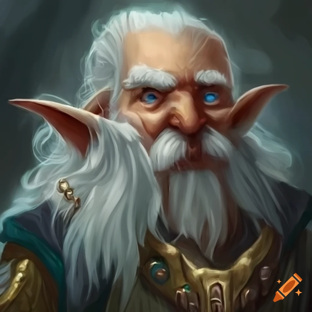 picture of an old gnome wizard with white eyes