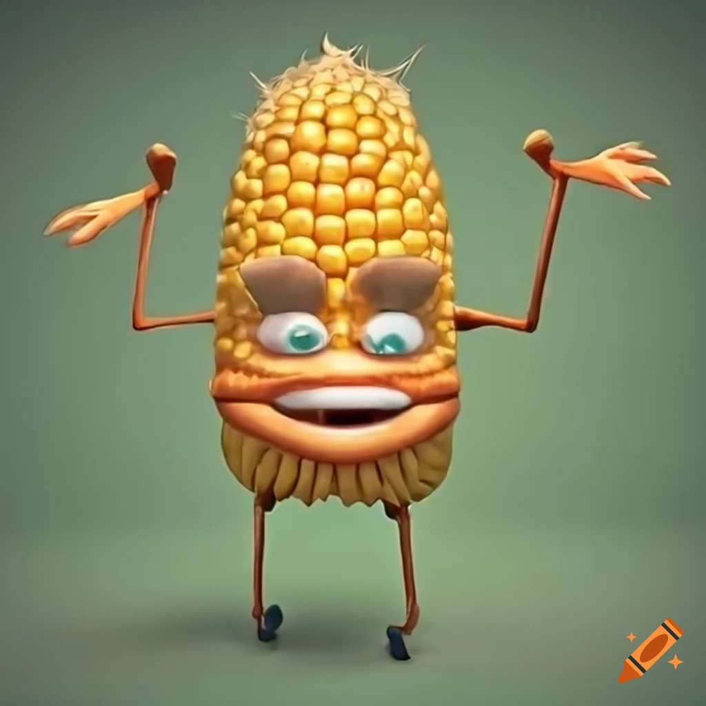 Picture of a corn head with animated eyes, hat, arms and legs
