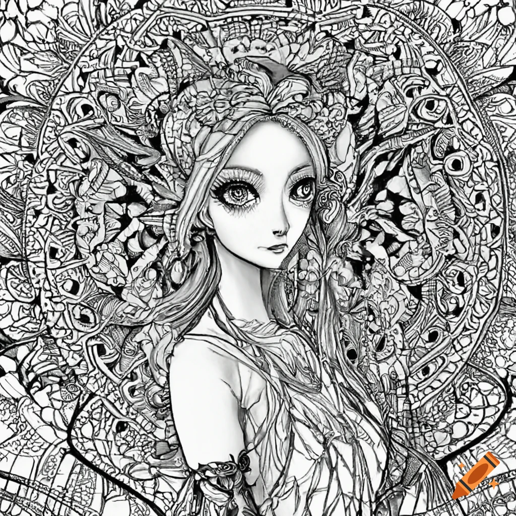 Coloring page for adults, mandala, anime charactors, white background,  clean line art, fine art --hd--ar 2:3 on Craiyon