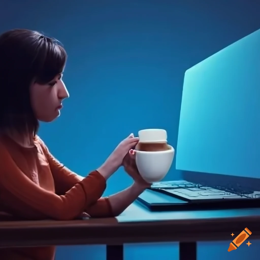 Person waiting for computer updates with a cup of coffee on craiyon