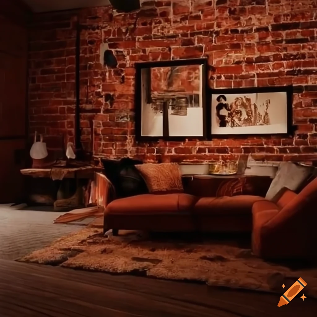 Modern living room with brick walls at a house party on Craiyon