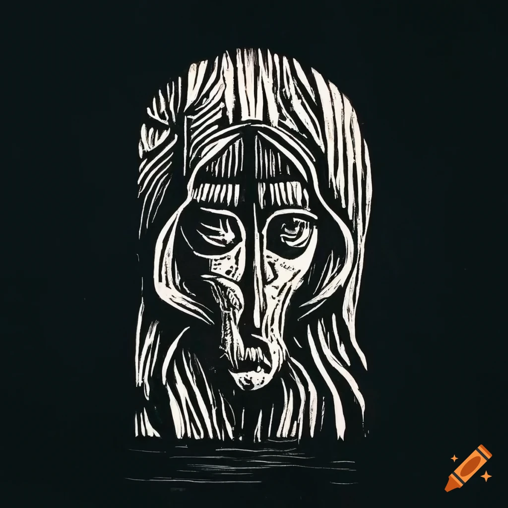 Black and white linocut etching inspired by biblical lore