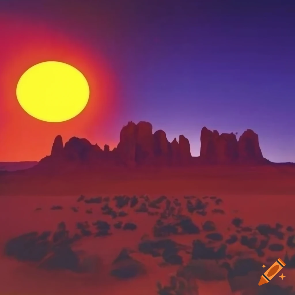 1970s-style album cover of a sunset over a desert canyon on a foreign planet