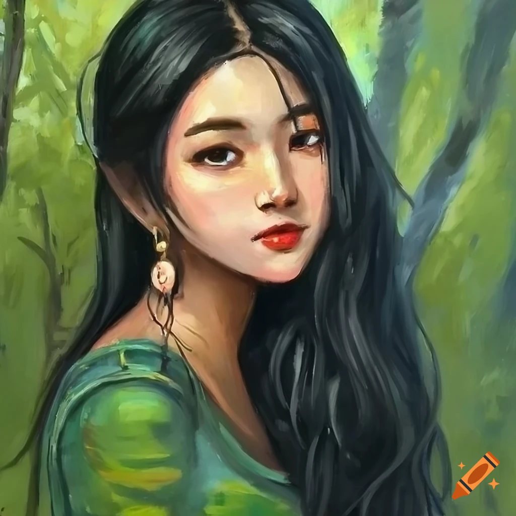 oil painting of a focused Asian girl under a tree