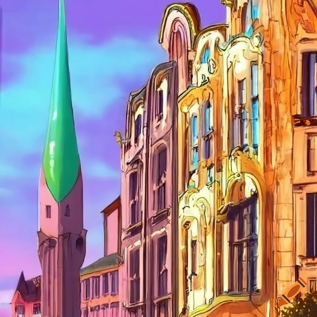 Art nouveau style town street buildings by rené laloux on Craiyon