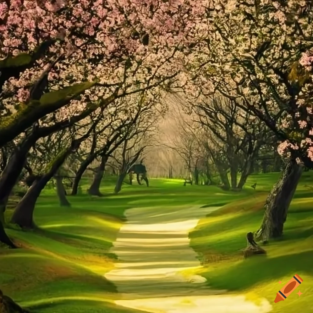 path through a flowering orchard with satyrs