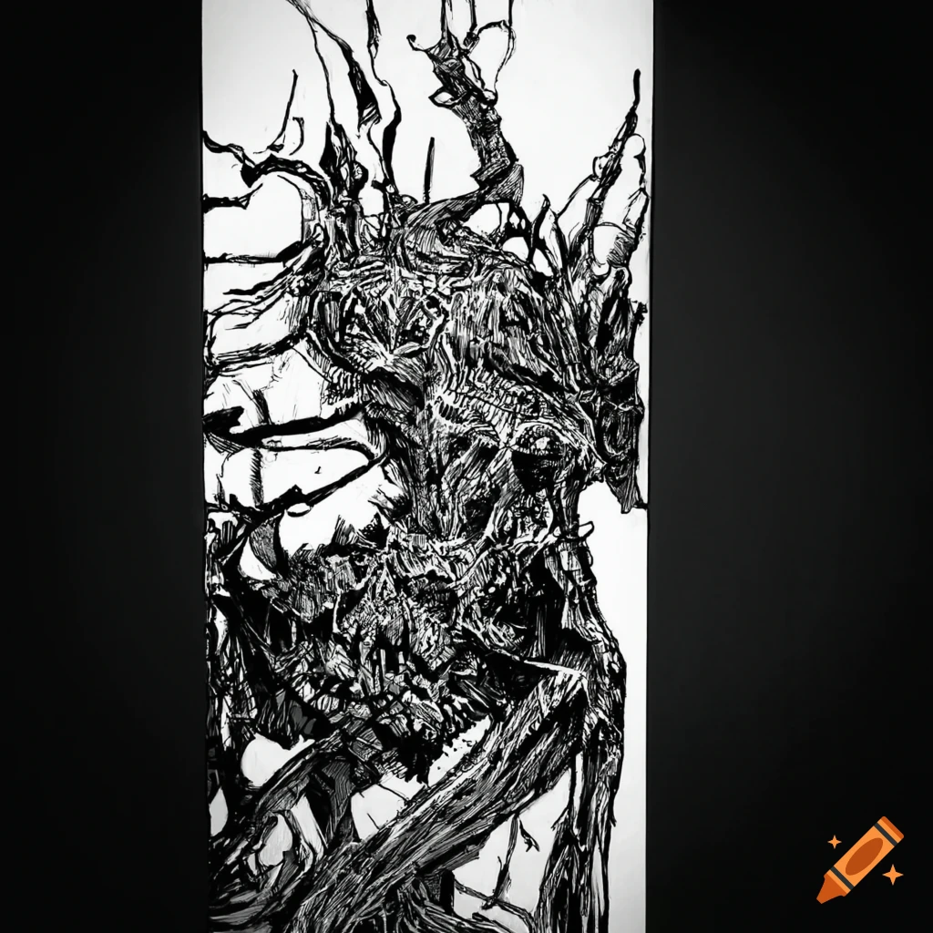 black and white ink drawing of a creature from Blame!