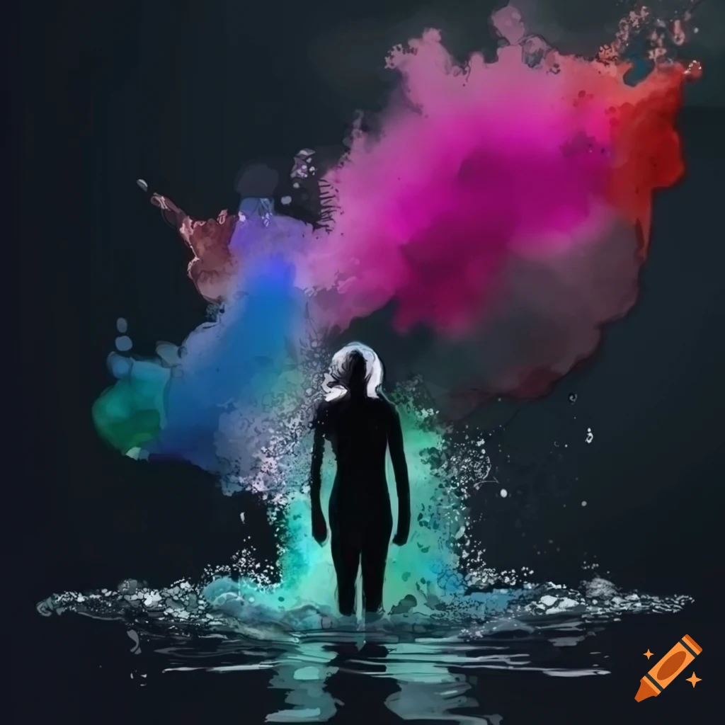 watercolor painting of a person standing in water with colorful splashes