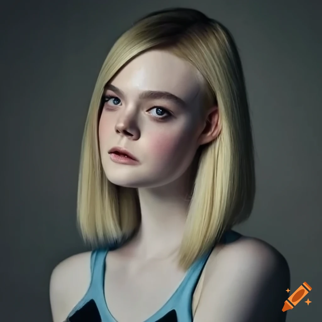 Elle fanning with silky straight bob haircut and blue tank top on Craiyon
