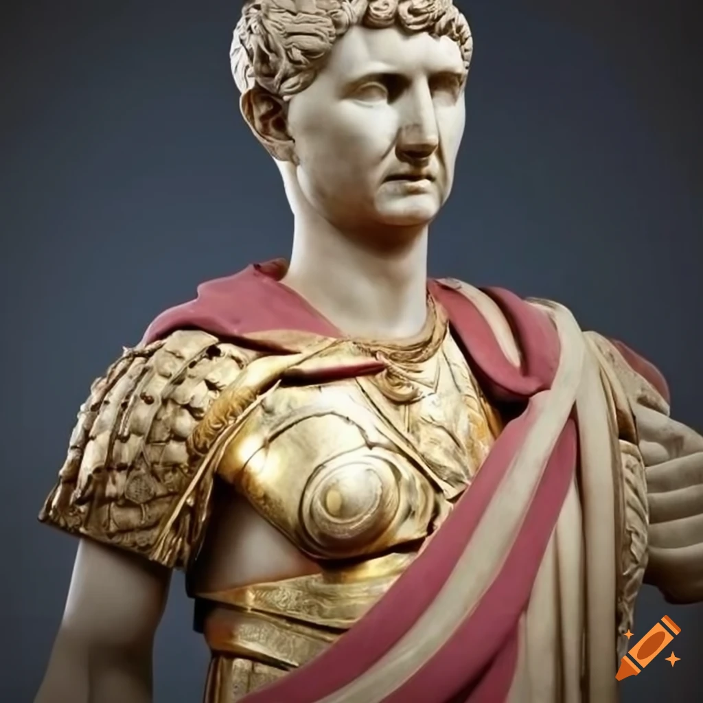 Marble sculpture of emperor trajan in golden armor and colorful robes ...