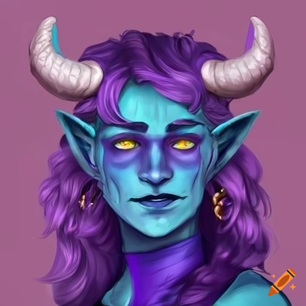 Artwork of a blue tiefling with purple hair and beard on Craiyon