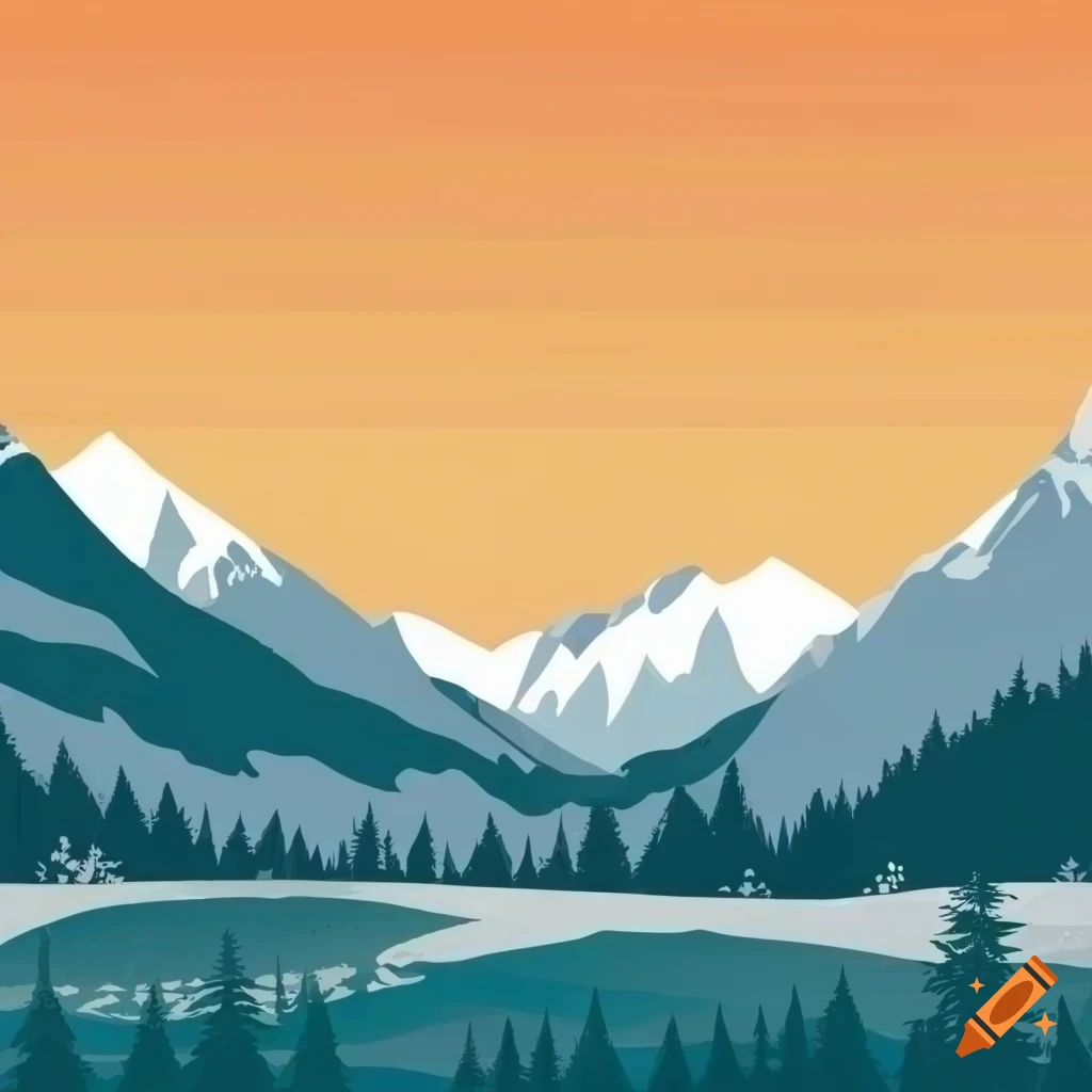 autumn vector illustration of a forest surrounded by snowy mountains
