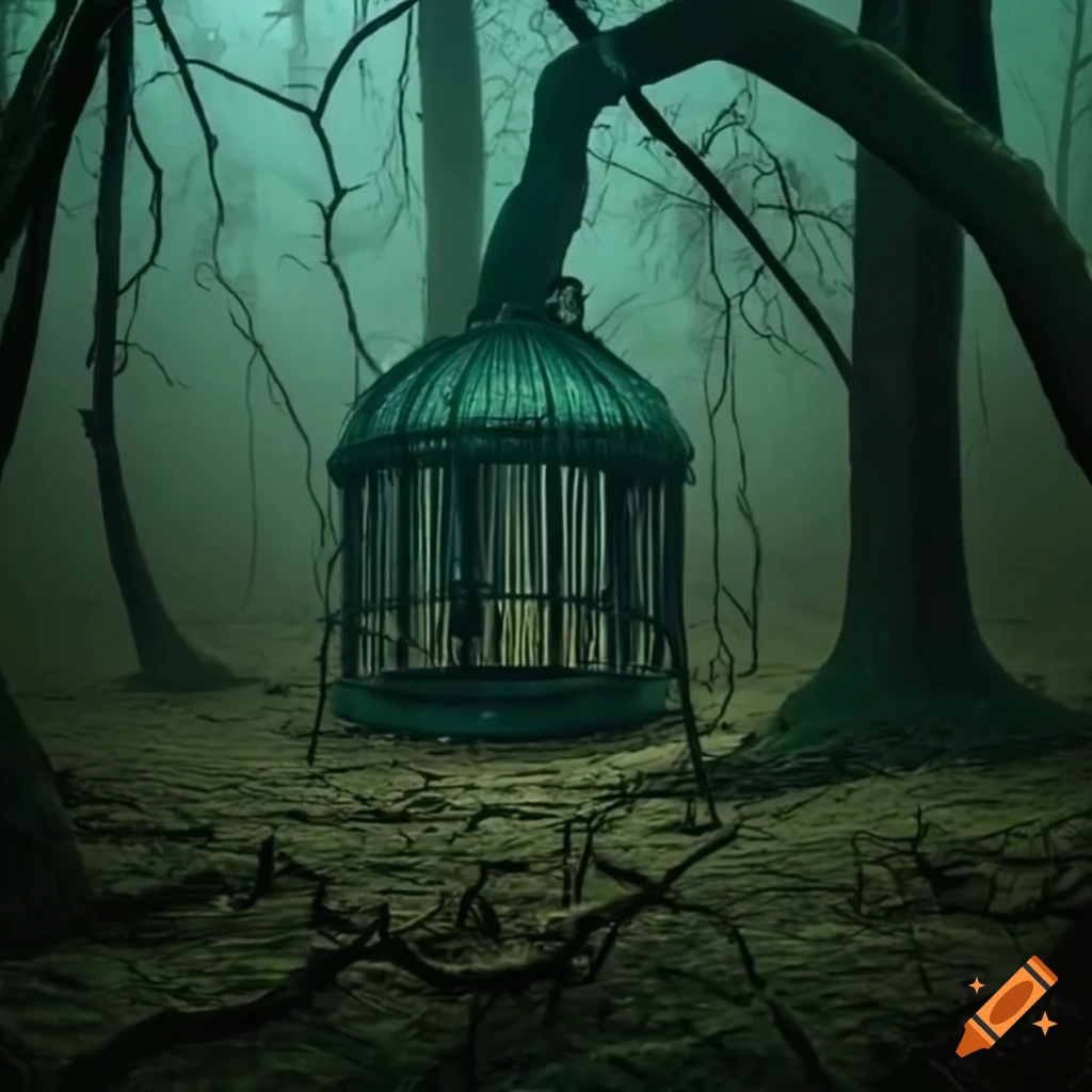 image of a cage in a dark forest