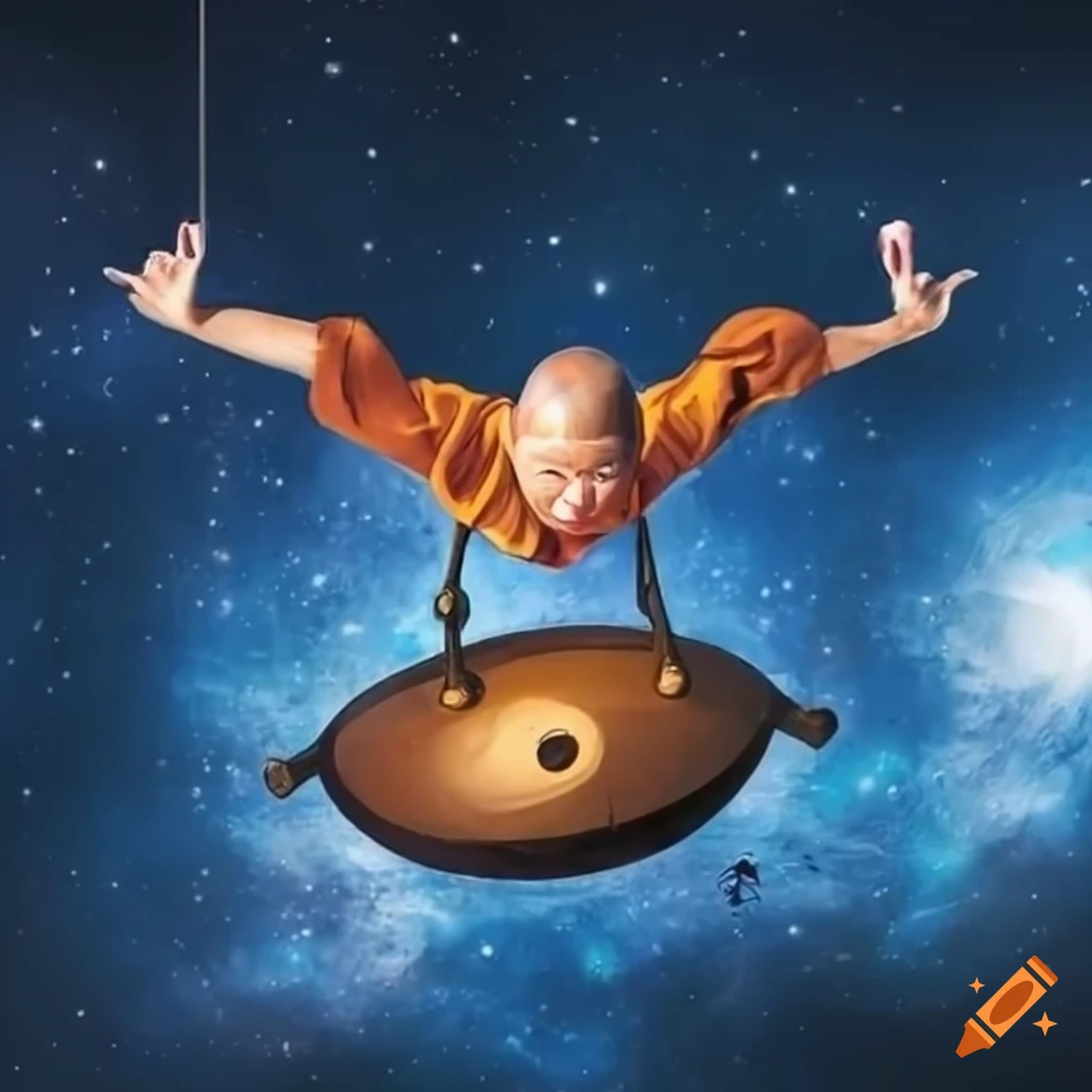 image of a monk floating in space playing a handpan