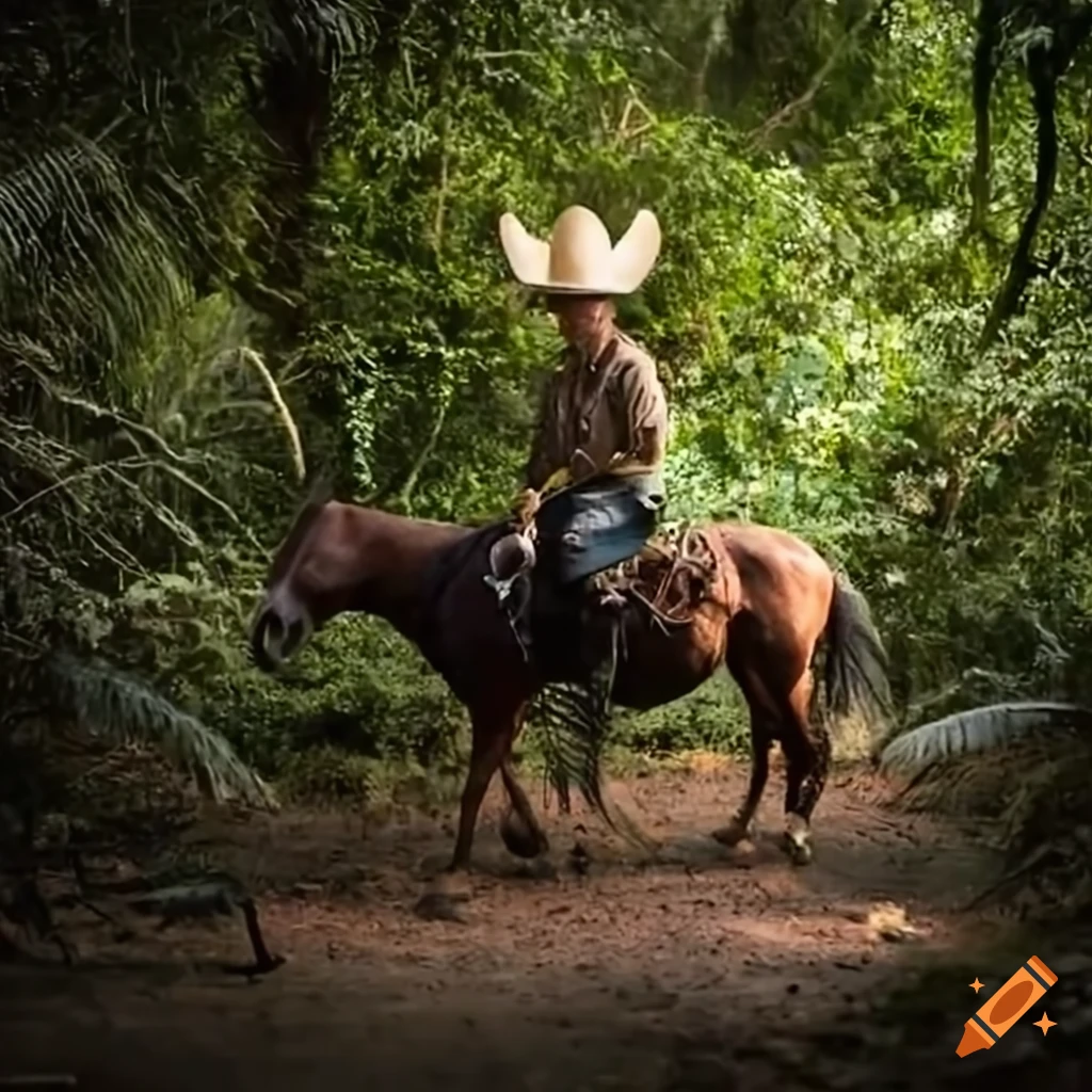 illustration of a cowboy riding a horse with guns in the jungle