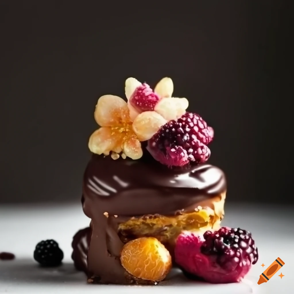 Triple chocolate eclair petit fours with spun sugar orange blossoms and