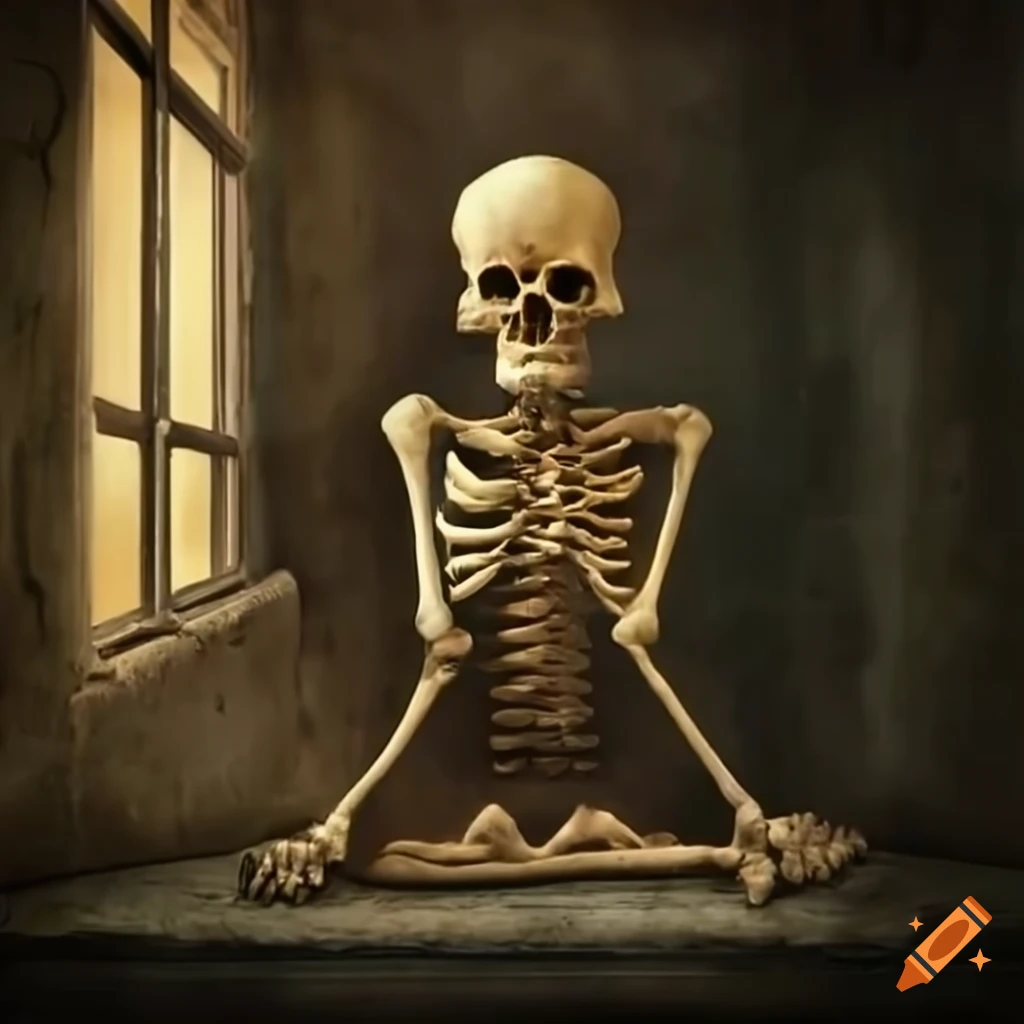 haunting artwork of a skeleton in a jail cell