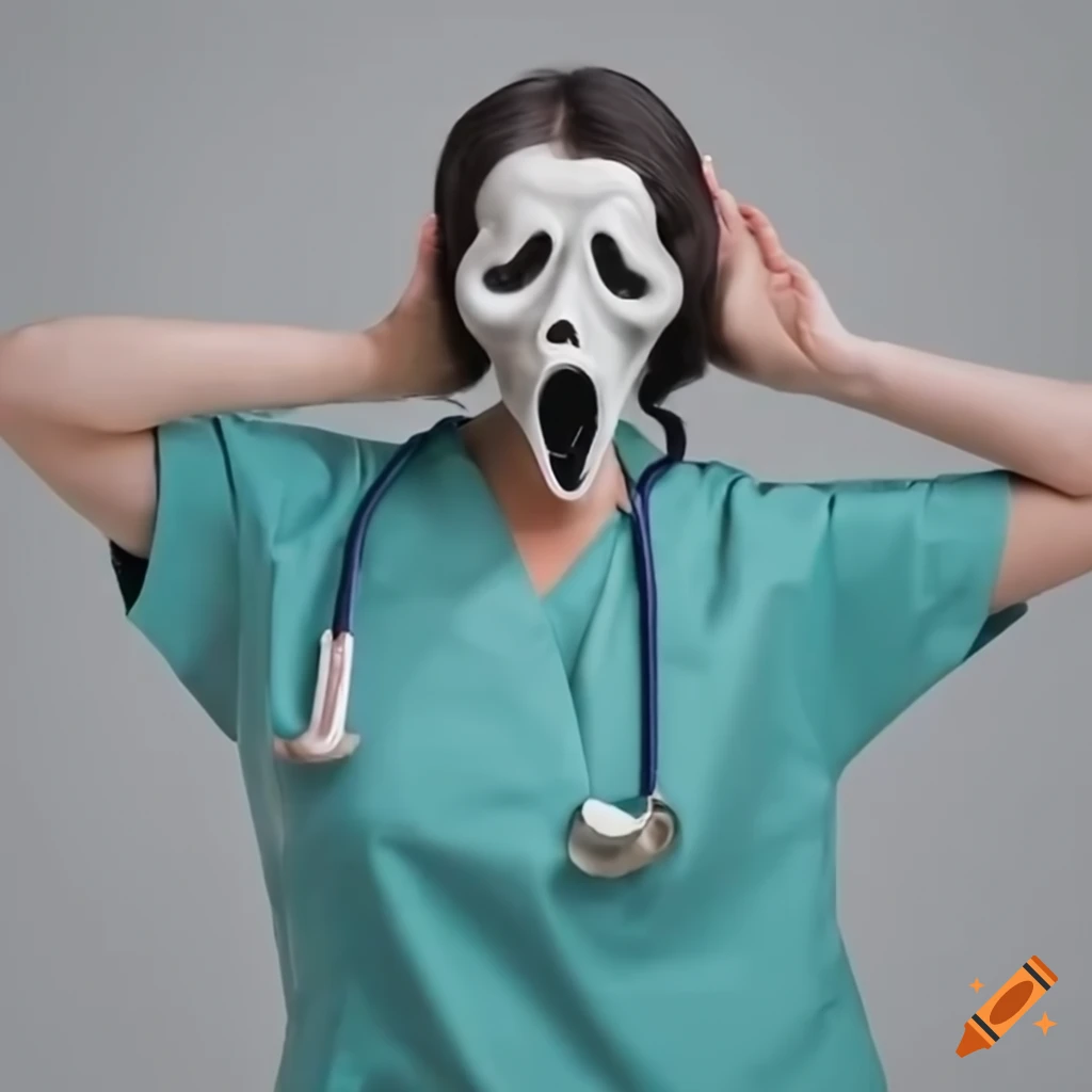 teal scrubs nurse wearing a scream mask