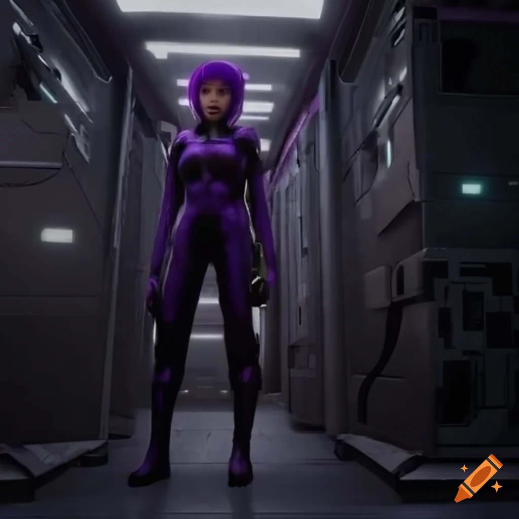 Maisie Williams as a sci-fi girl with purple hair and white robots in a futuristic corridor