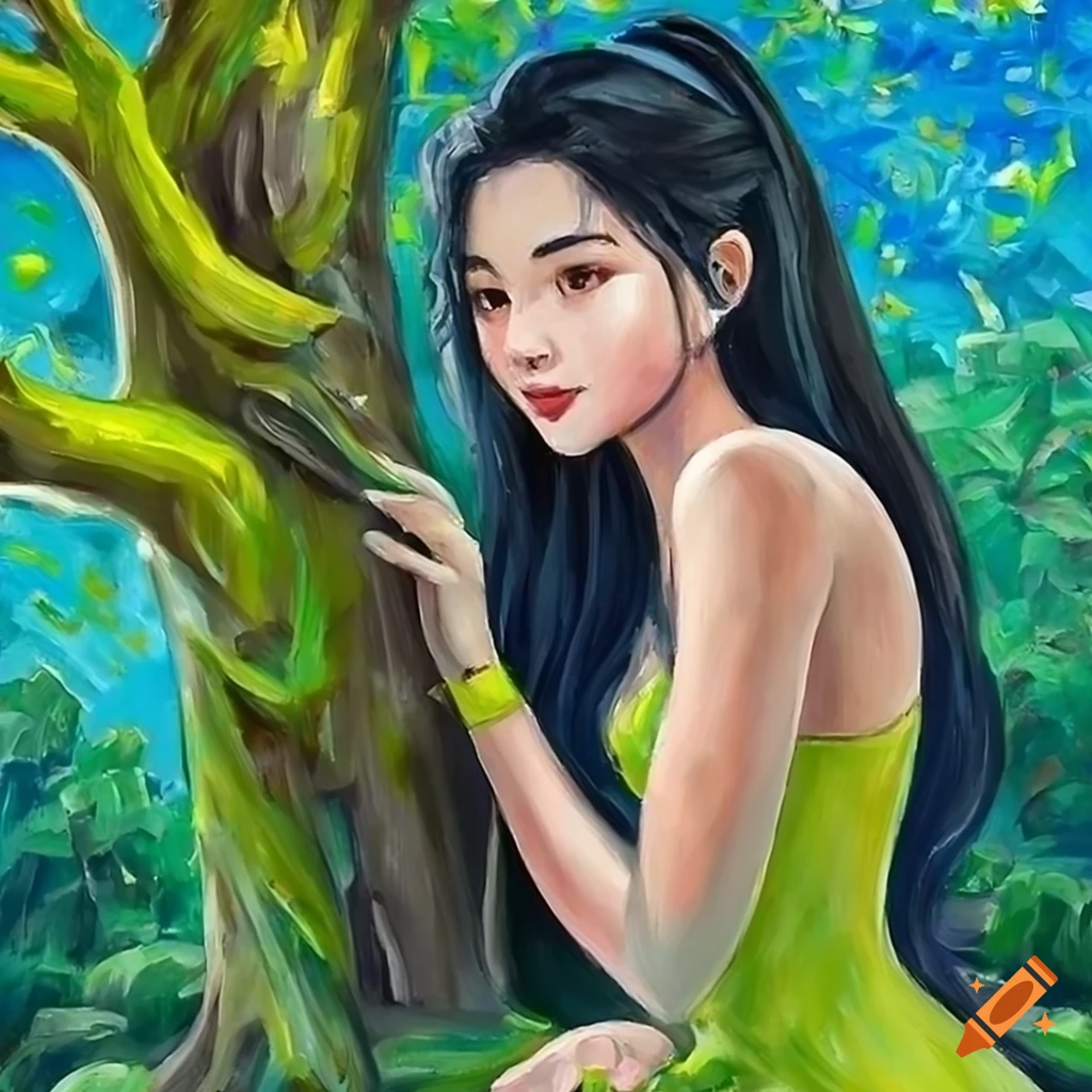 oil painting of a focused Asian girl under a tree
