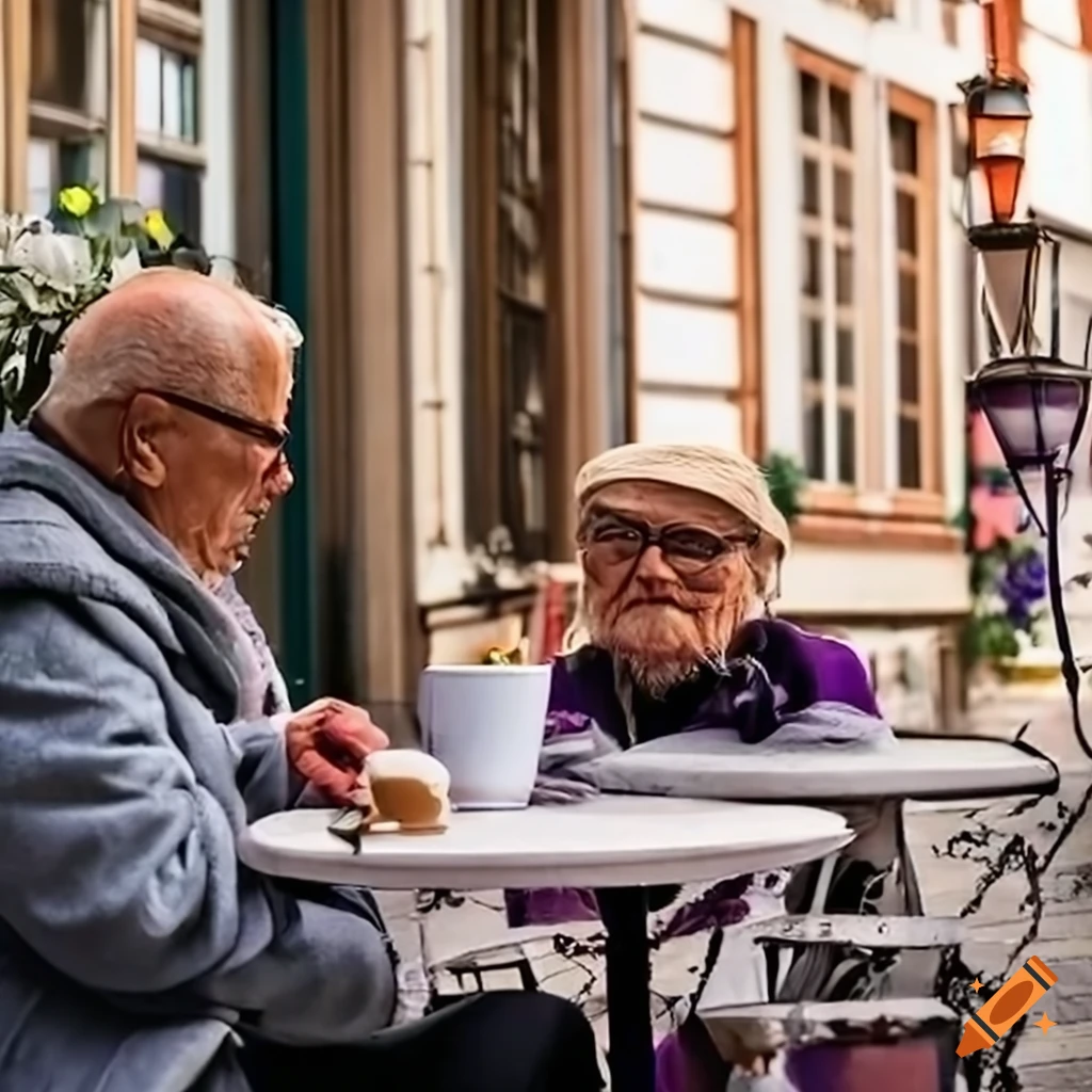 elderly couple enjoying a meal in a European city
