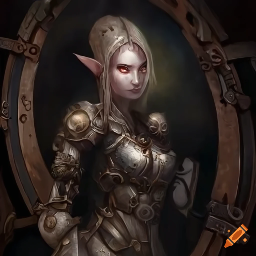 Art of a clockwork armored elf in a fantasy world