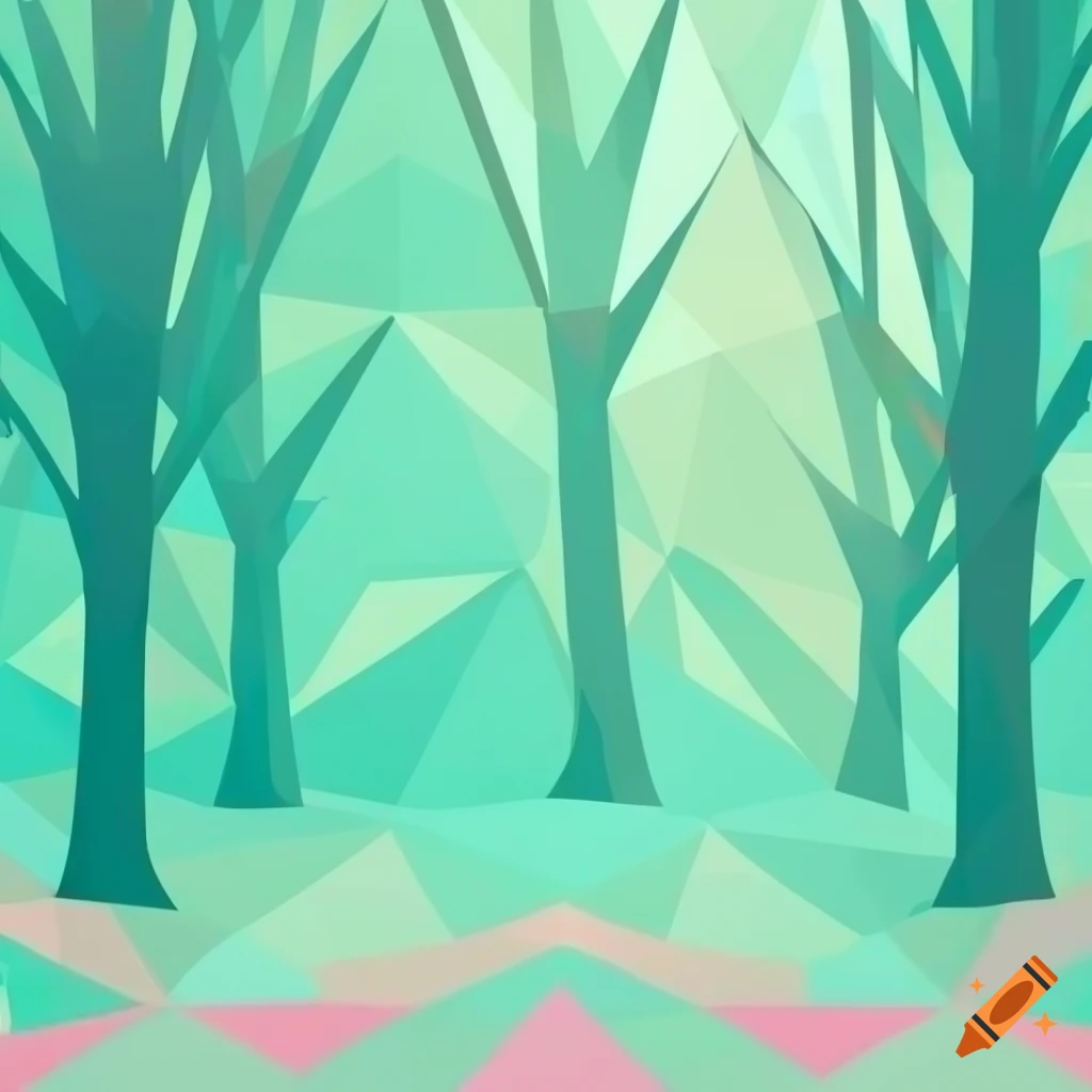 Polygon art of a cute forest in mint and pink colors on Craiyon