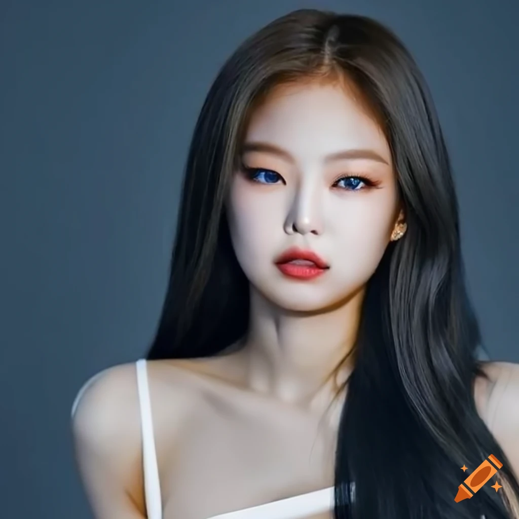 Jennie kim with white hair and blue eyes