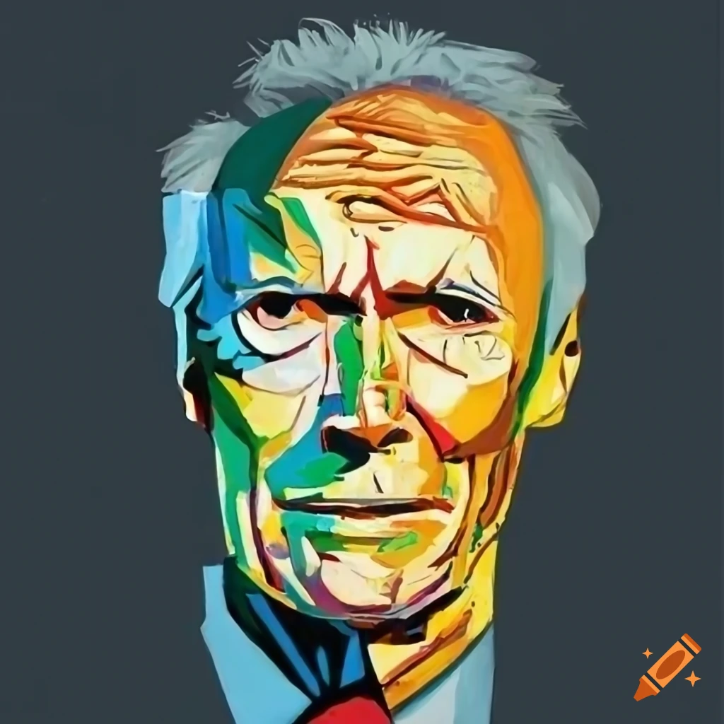 Abstract cubist style portrait of clint eastwood wearing a hat on craiyon