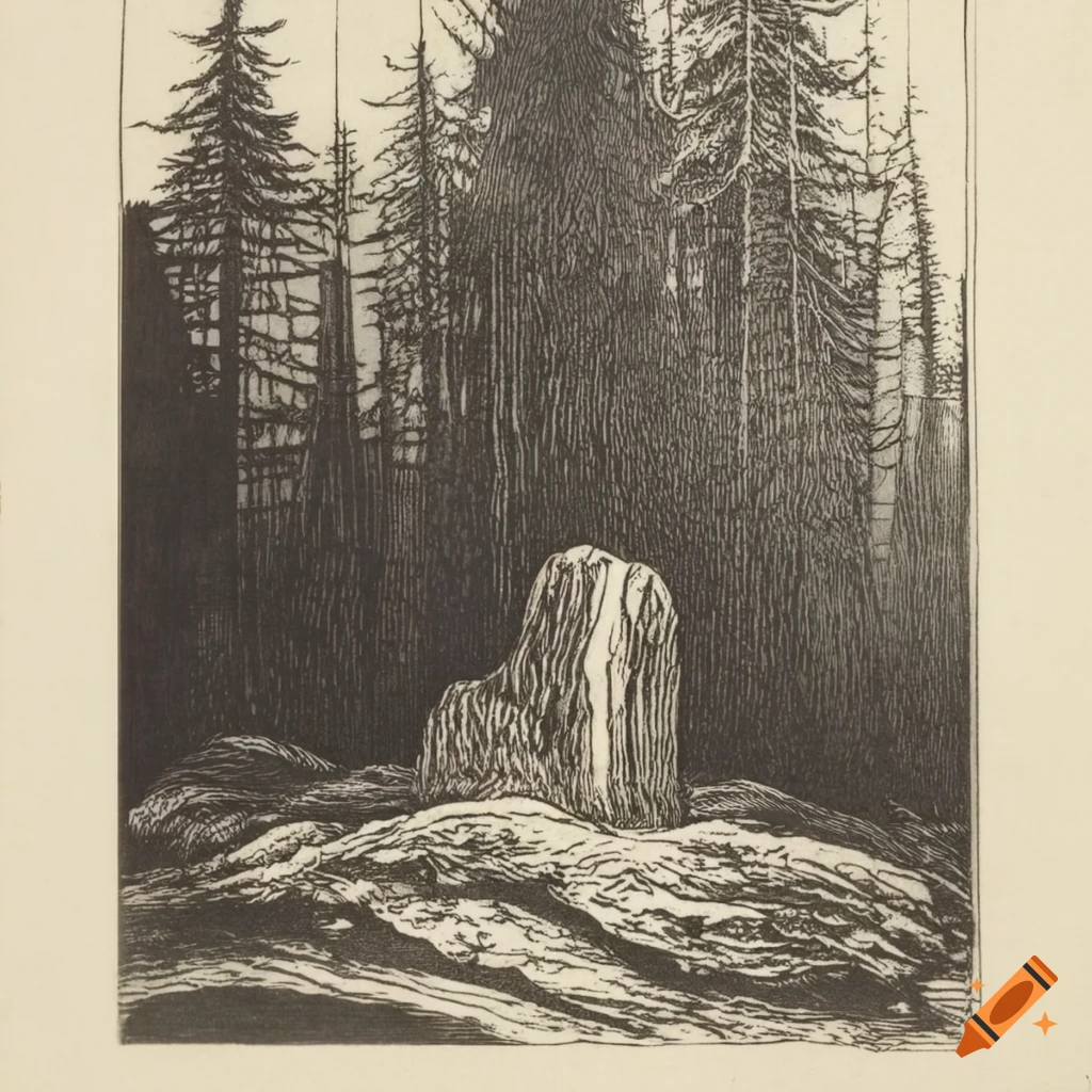 Black and white acid etching of a forest tomb