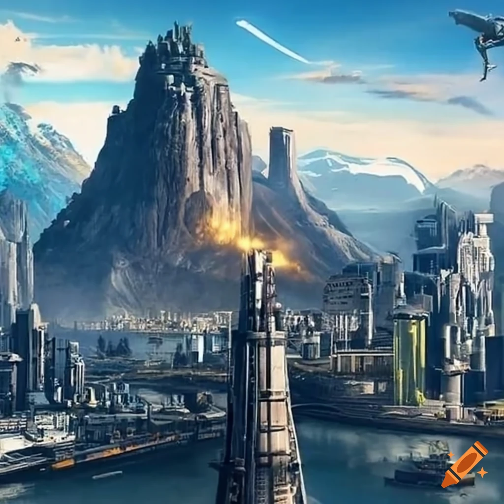 Scifi city built around a towering mountain on Craiyon