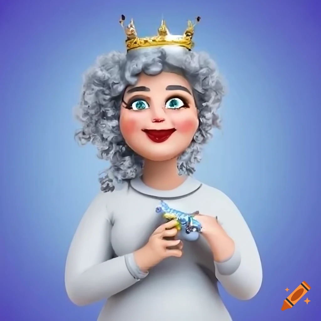 smiling woman wearing a crown and holding a sceptre