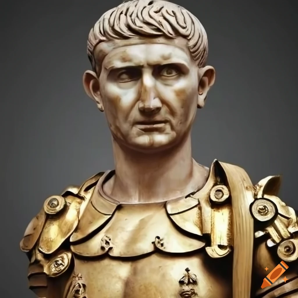Sculpture of emperor trajan in golden armor
