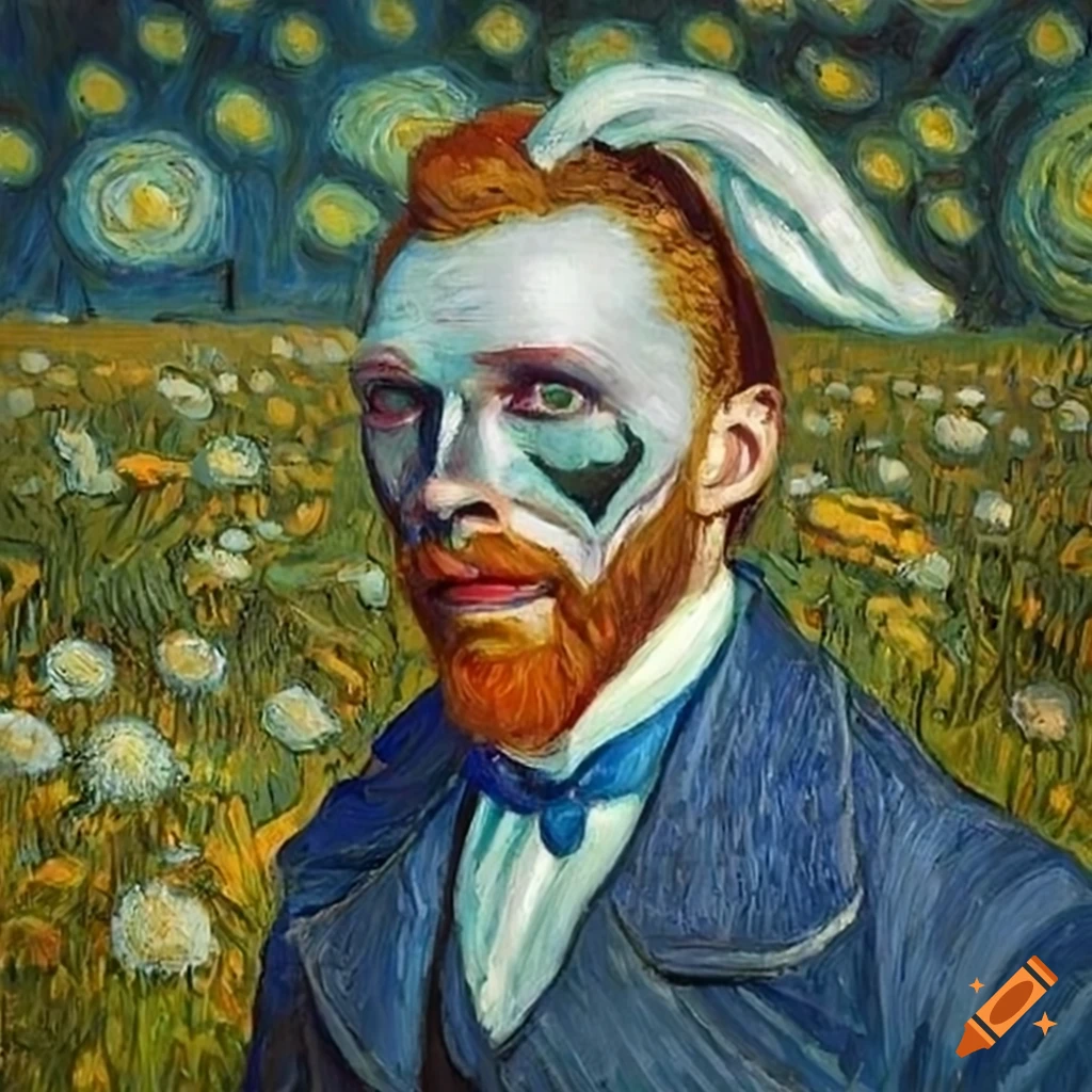 ginger-haired person dressed as the white rabbit in a vibrant field