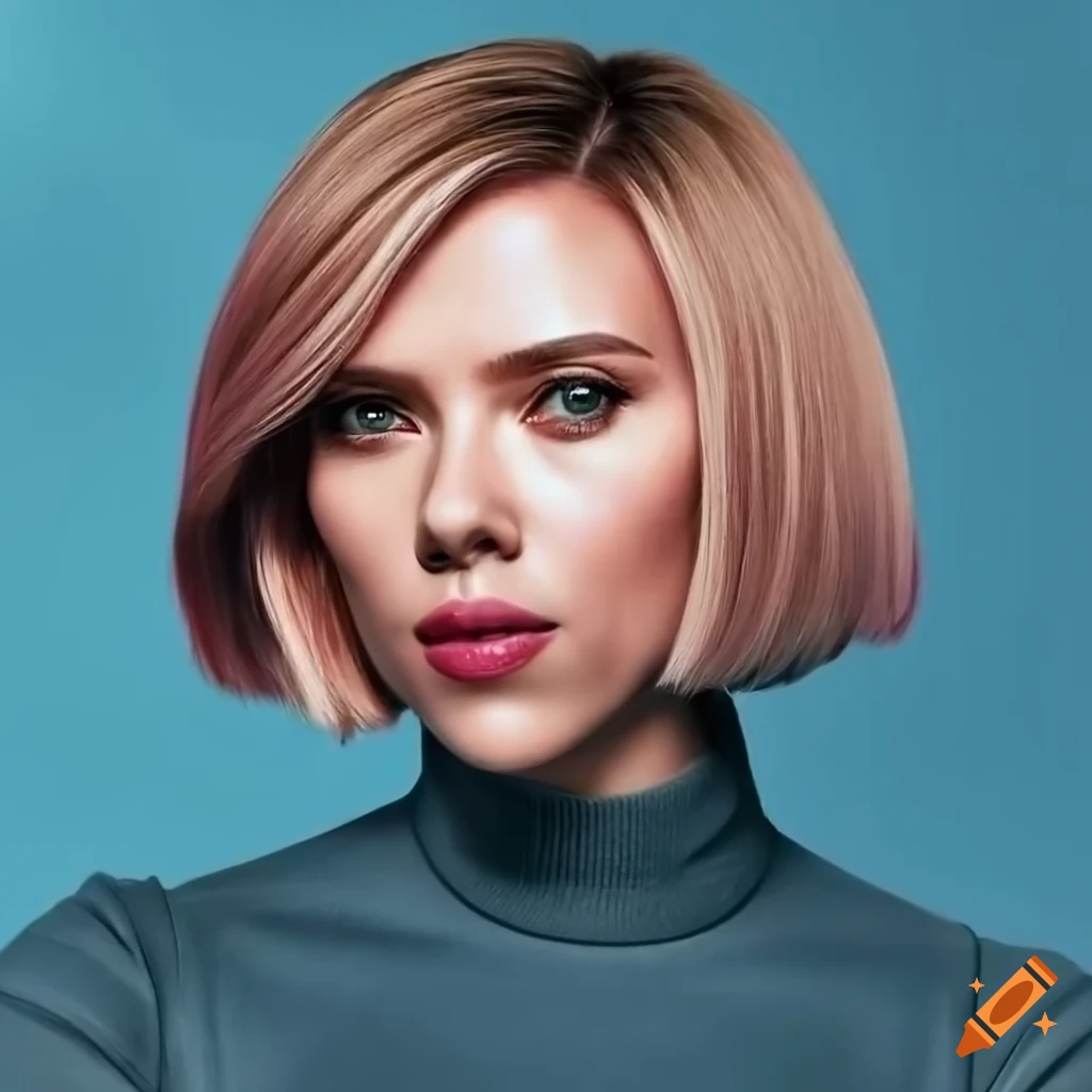 Scarlett johansson with a bob haircut and pink turtleneck on Craiyon