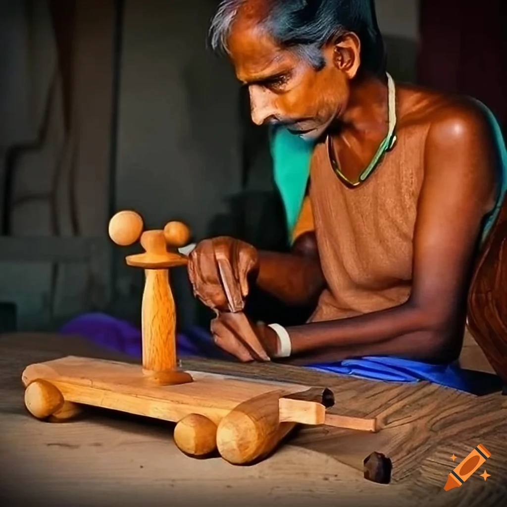 photorealistic image of an artisan crafting wooden toys