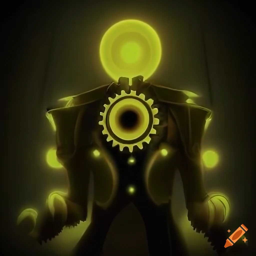 glowing cog-wearing supervillain in ivy-filled background