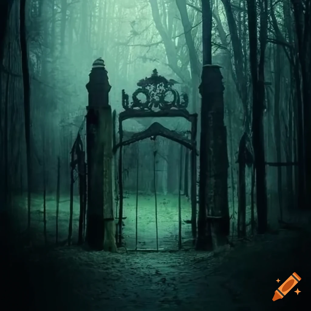 mysterious abandoned cemetery gate in a dark forest