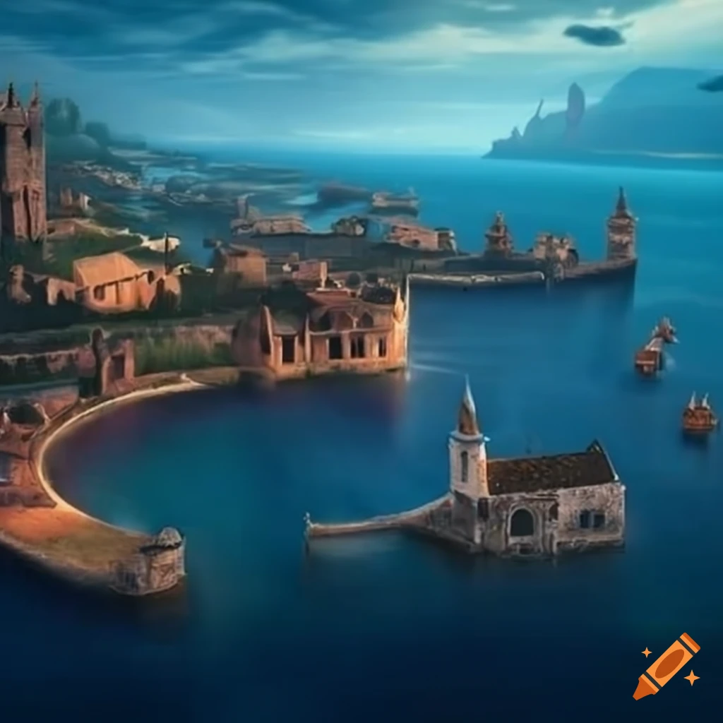 Medieval fantasy cityscape with coastal bay landscape