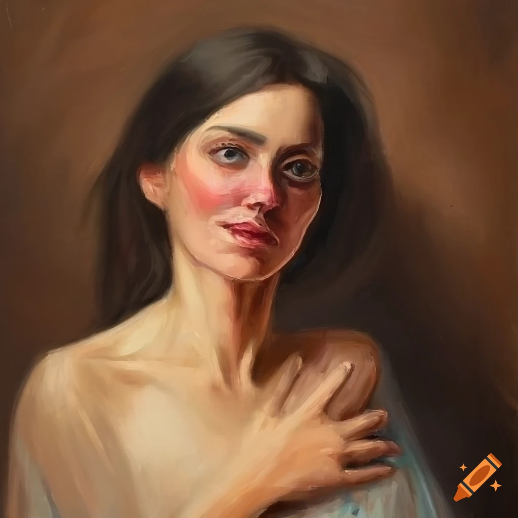 oil painting of a kindhearted woman with dark brown hair