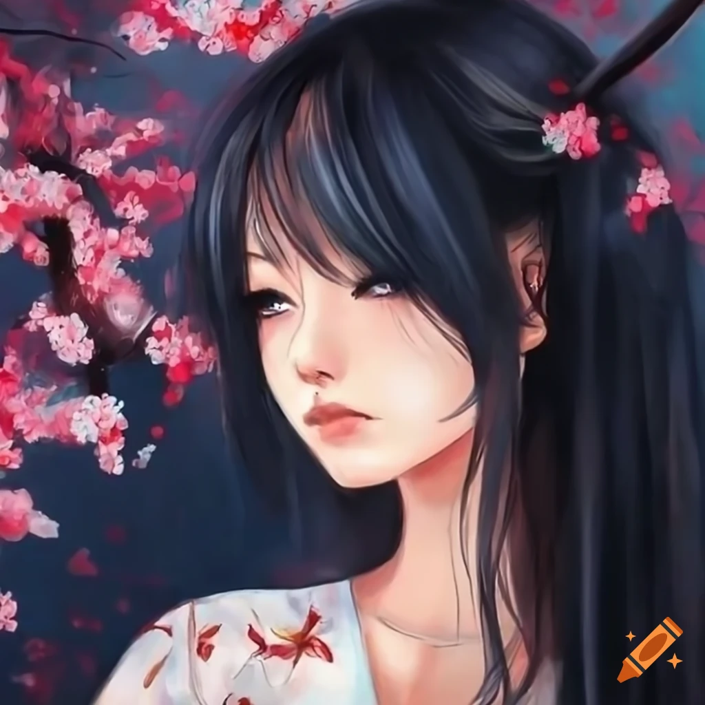 oil painting of a beautiful Japanese girl with long black hair