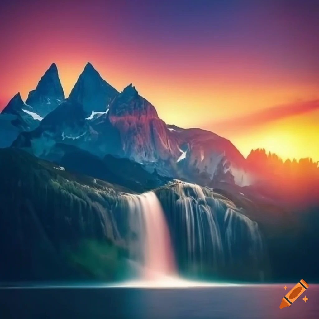 Sunset over a mountain lake with a waterfall